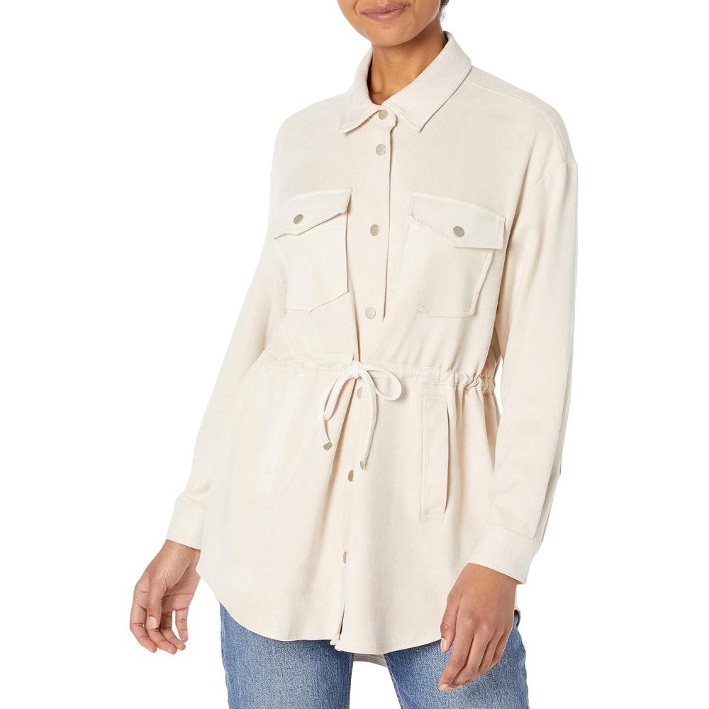 imageBLANKNYC Womens Luxury Clothing Faux Suede Shirt Jacket with Drawstring Waist Detail Comfortable ampamp Stylish ShacketBeige