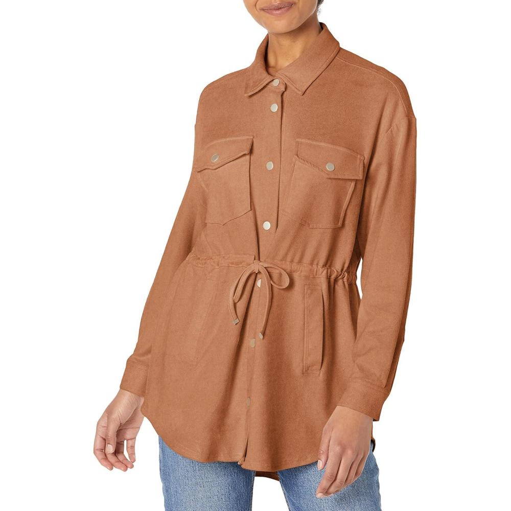imageBLANKNYC Womens Luxury Clothing Faux Suede Shirt Jacket with Drawstring Waist Detail Comfortable ampamp Stylish ShacketRusty Rivets