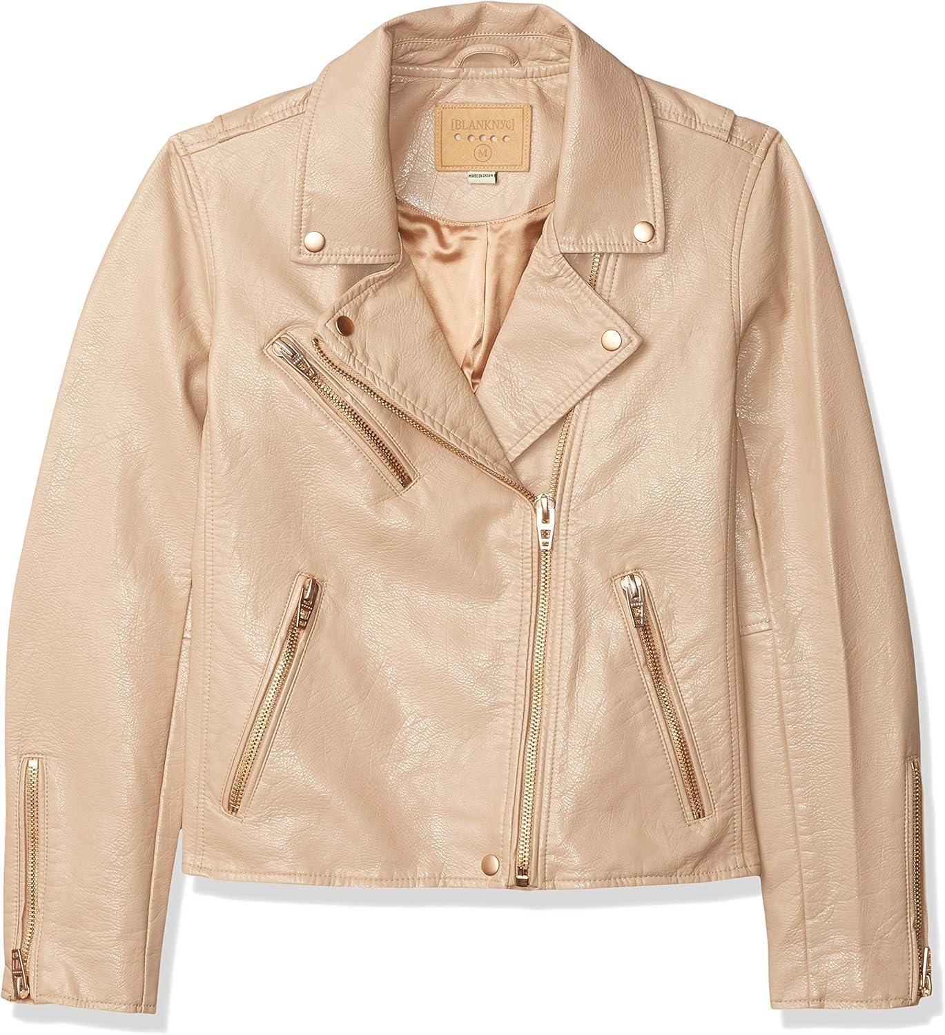 imageBLANKNYC Womens Luxury Clothing Semi Fitted Vegan Leather Motorcycle JacketNatural Light