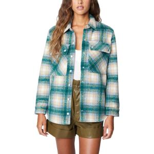 [BLANKNYC] Womens Luxury Clothing Plaid Shirt Jacket, Stylish Shacket & Trendy Coat, Hit The Trail, Large(Green Room)