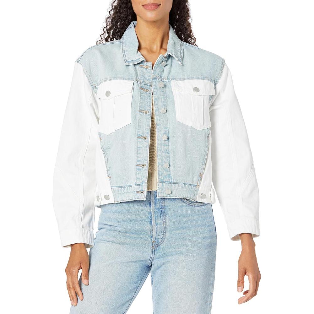 imageBLANKNYC Womens Luxury Clothing Two Toned Indigo ampamp White Patchwork Denim Trucker Jacket Comfortable ampamp StylishNo Limit