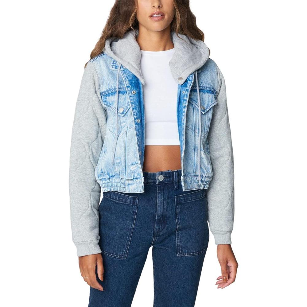 imageBLANKNYC womens Luxury Clothing Denim Trucker Jacket With Removable HoodPiece of Me