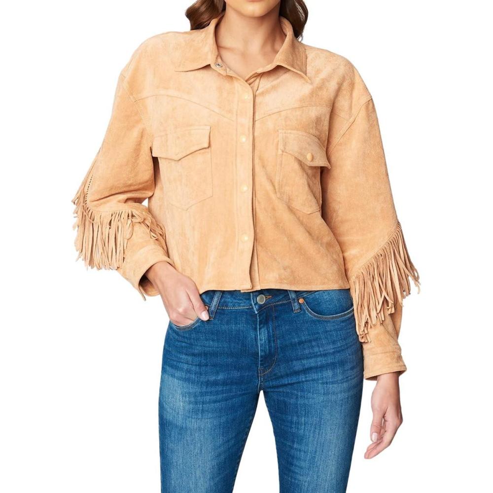 imageBLANKNYC womens Luxury Clothing Faux Suede Fringe Shirt Jacket Comfortable ampamp Stylish CoatCamel