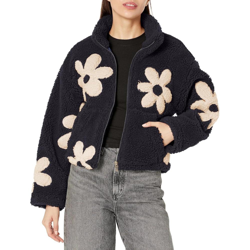 imageBLANKNYC womens Luxury Clothing Sherpa Jacket With Floral Patch Detail Comfortable ampamp Stylish CoatLove Life