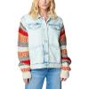 [BLANKNYC] womens Luxury Clothing Colorblock Stripe Sweater Sleeve Denim Trucker Jacket, Comfortable & Stylish Coat(Happy Promises)
