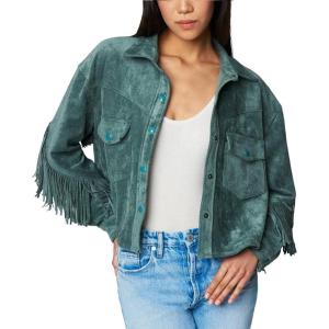 [BLANKNYC] womens Luxury Clothing Faux Suede Fringe Shirt Jacket, Comfortable & Stylish Coat(Olive Branch)