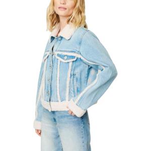 [BLANKNYC] womens Denim Trucker Jacket With Sherpa Detail(Warm and Cozy)