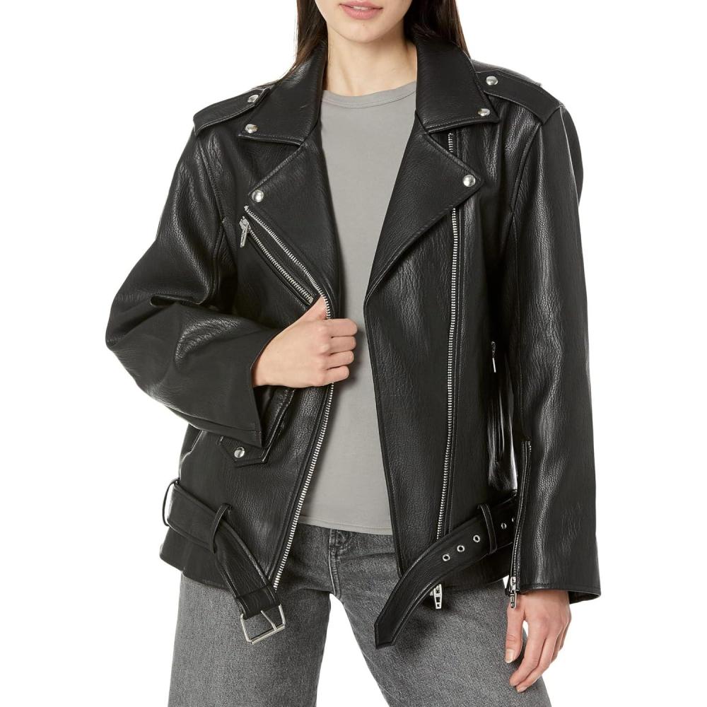 imageBLANKNYC Womens Luxury Clothing Vegan Leather Long Belted Moto Jacket with Zipper Stylish CoatFinding Love