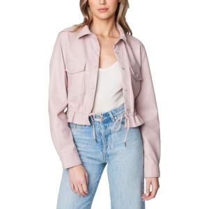[BLANKNYC] womens Vegan Leather Cropped Shirt Jacket With Pockts and Drawstring, Stylish Shacket & Designer Clothing(Play Along)