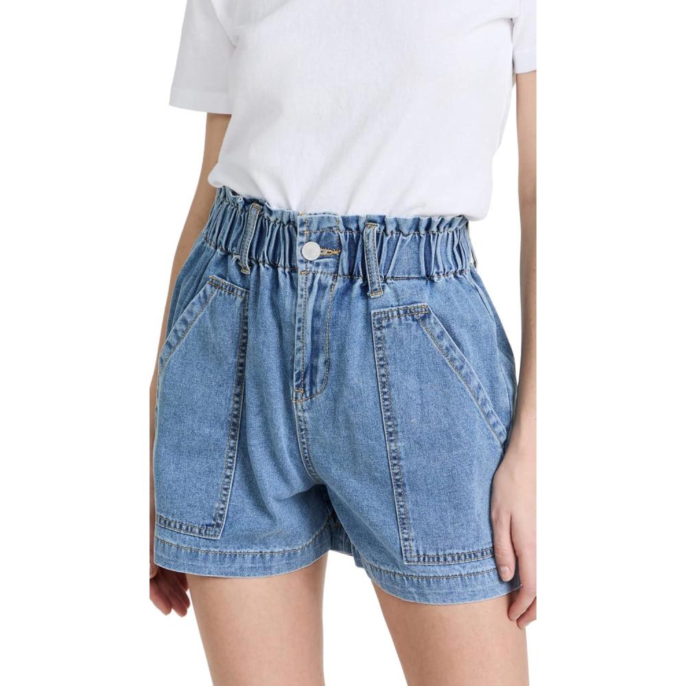 imageBLANKNYC Womens Elastic Waistband Denim Shorts with Patch Pockets Stylish ClothingPrecious Cargo