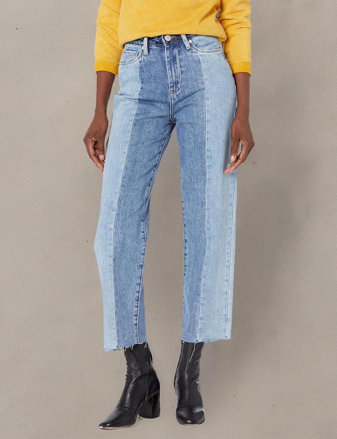 image:imageBLANKNYC Womens Denim Patchwork Straight Leg Five Pocket Jeans Stylish Pants ampamp Designer ClothingBlue