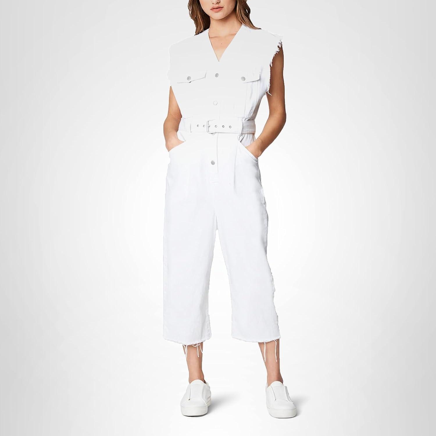 image:imageBLANKNYC womens Sleeveless Belted White Denim Jumpsuit Stylish amp Designer ClothingJumpsuitHead in the Clouds