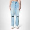 [BLANKNYC] Womens Luxury Clothing Straight Leg Denim Jean with Rips at Knee Overlap Waistband, Comfortable & Stylish Pant(Party Everyday)