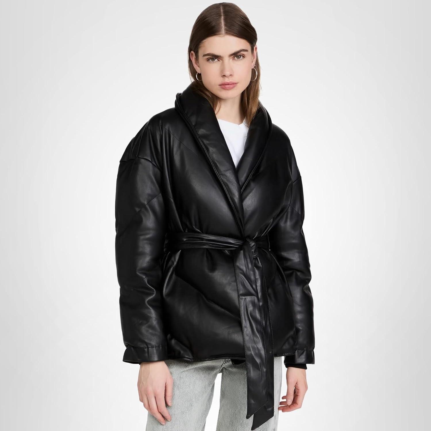 image:imageBLANKNYC womens Black Vegan Leather Puffer Belted JacketThe Love Doctor