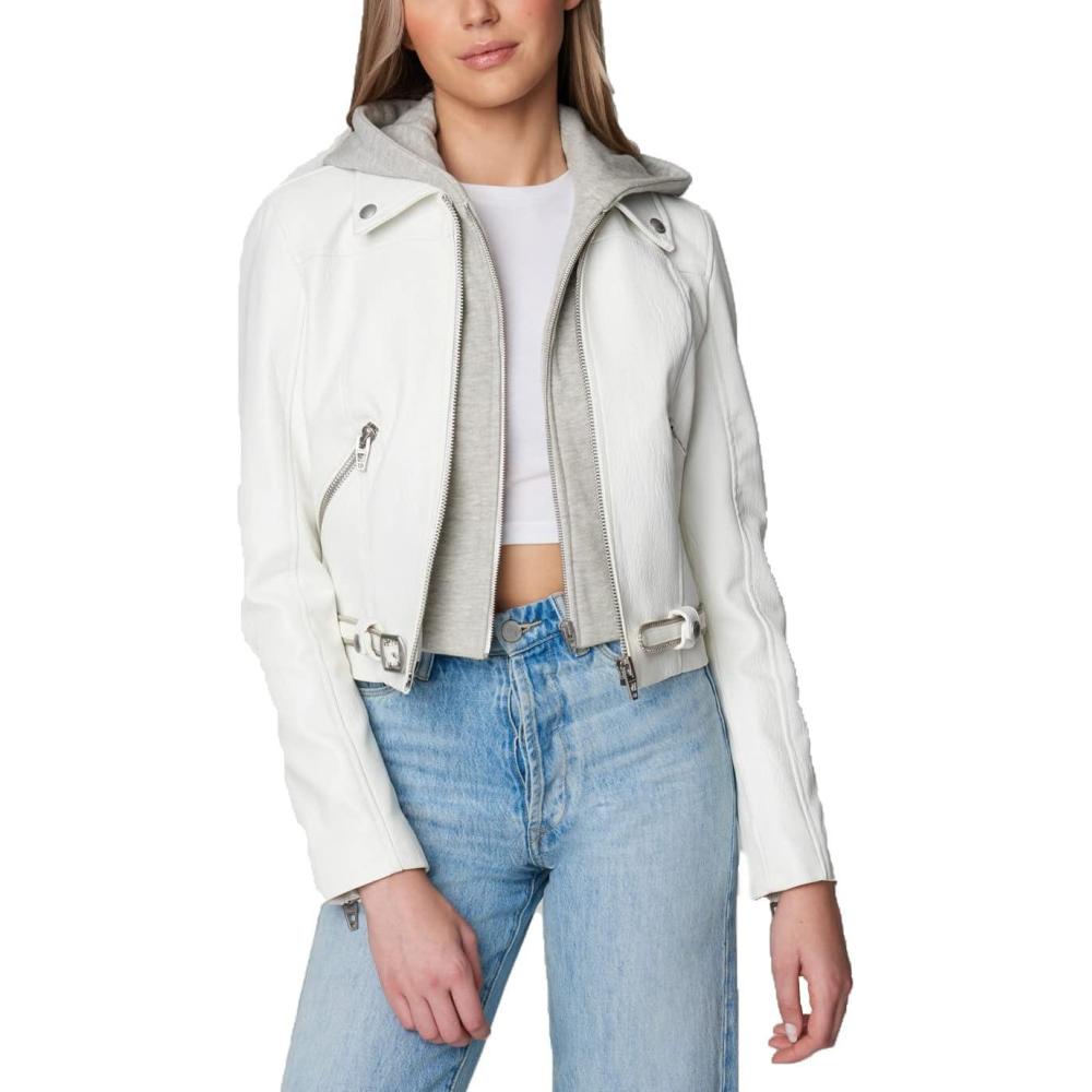 image:imageBLANKNYC womens White Vegan Leather Hooded Moto Jacket With Zipper Pockets and Self Belt Stylish Coat amp Designer ClothingFresh Start