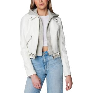 [BLANKNYC] womens White Vegan Leather Hooded Moto Jacket With Zipper Pockets and Self Belt, Stylish Coat & Designer Clothing(Fresh Start)