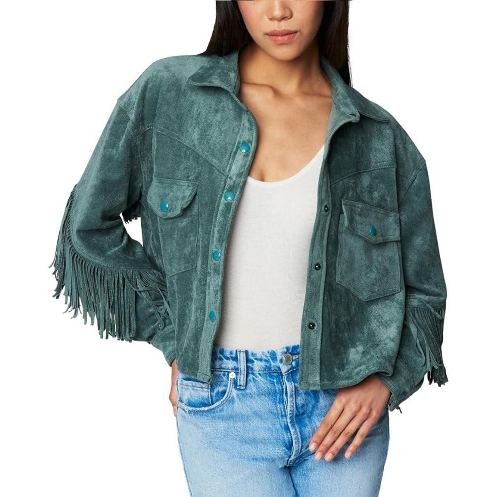 image:imageBLANKNYC Womens Hot Cocoa Faux Suede Fringe JacketOlive Branch