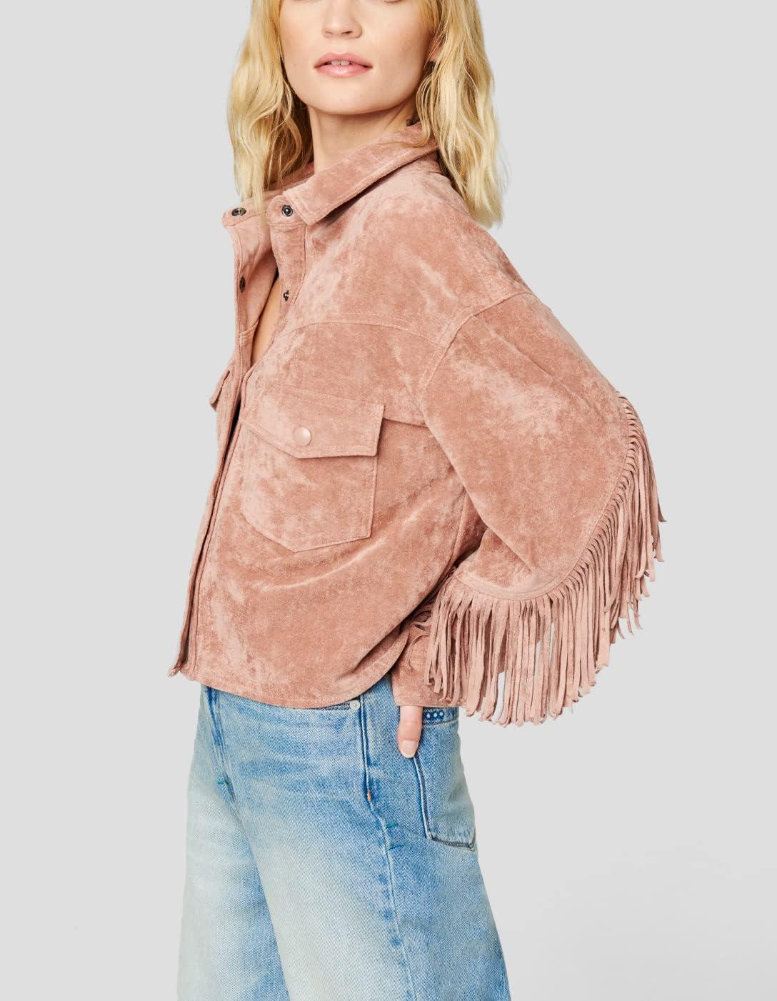 image:imageBLANKNYC Womens Luxury Clothing Faux Suede Fringe Shirt Jacket Comfortable amp Stylish Coat Dusty Rose XSmall
