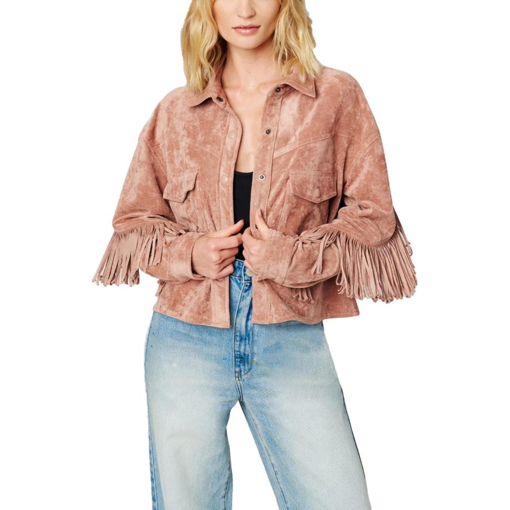 image:imageBLANKNYC Womens Luxury Clothing Faux Suede Fringe Shirt Jacket Comfortable amp Stylish Coat Dusty Rose Medium