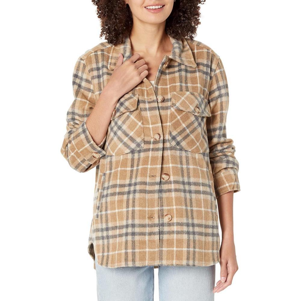 image:imageBLANKNYC Womens Luxury Clothing Plaid Shirt Jacket Stylish Shacket amp Trendy CoatTan