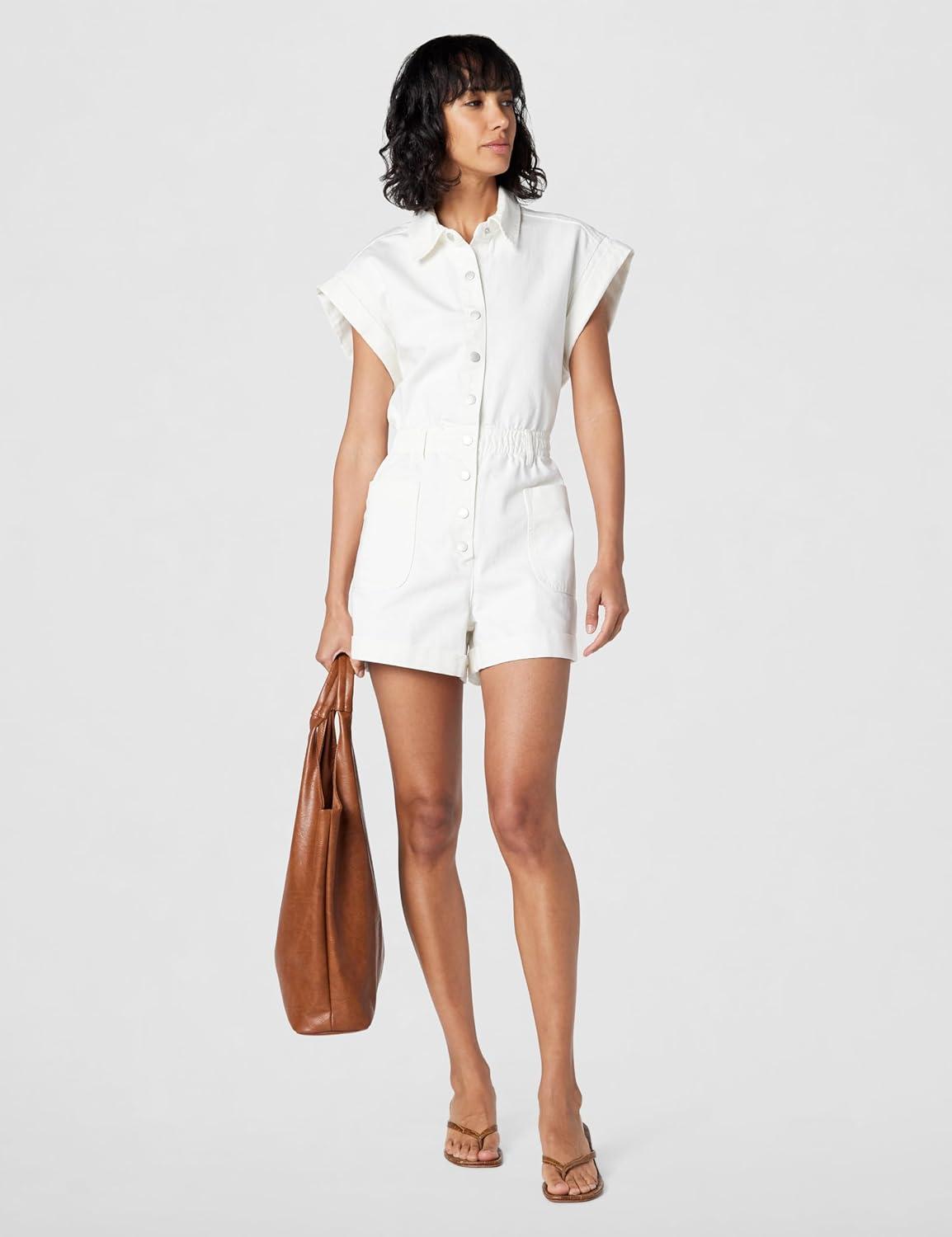 image:imageBLANKNYC Womens White Denim Shorts Sleeve Romper With Patch Pockets Stylish amp Designer ClothingMeditation